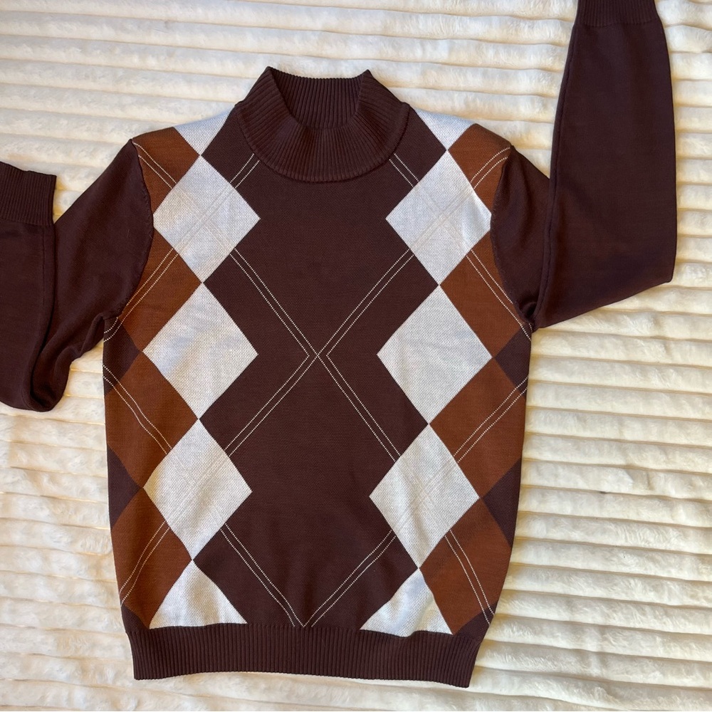 Grace Karin women's  Turtleneck Sweater in Brown and Cream Argyle